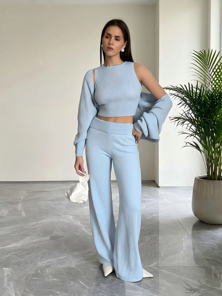 Wolfeel Women's Knitted Three Piece Ribbed Sleeveless Crop Top Long Sleeved and Long Pants Set Suitable for Casual Daily Wear