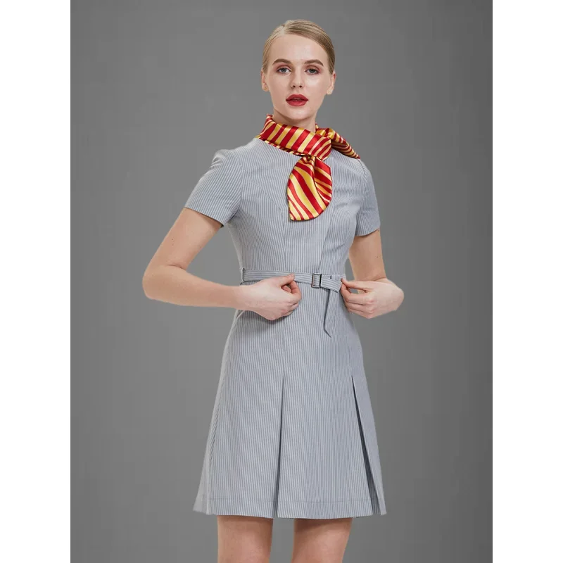 Uniforme d'hôtesse de l'air à manches courtes pour femmes, tenue professionnelle, robe rayée haut de gamme, vêtements de travail pour réception d'hôtel