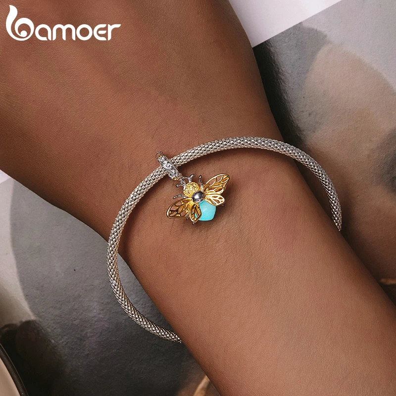 Bamoer 925 Sterling Silver Glow-in-the-dark Bee Hanging Beads Luminous Yellow Honeybee Charm for Women Bracelet and Bangle DIY