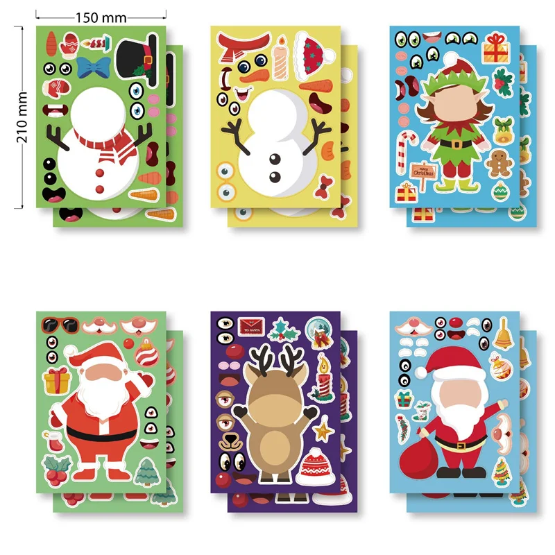 6/12/24Sheets Kids DIY Stickers Classic Make Your Own Christmas Tree Santa Face Jigsaw Sticker Party Puzzle Toys Boys Girls Gift