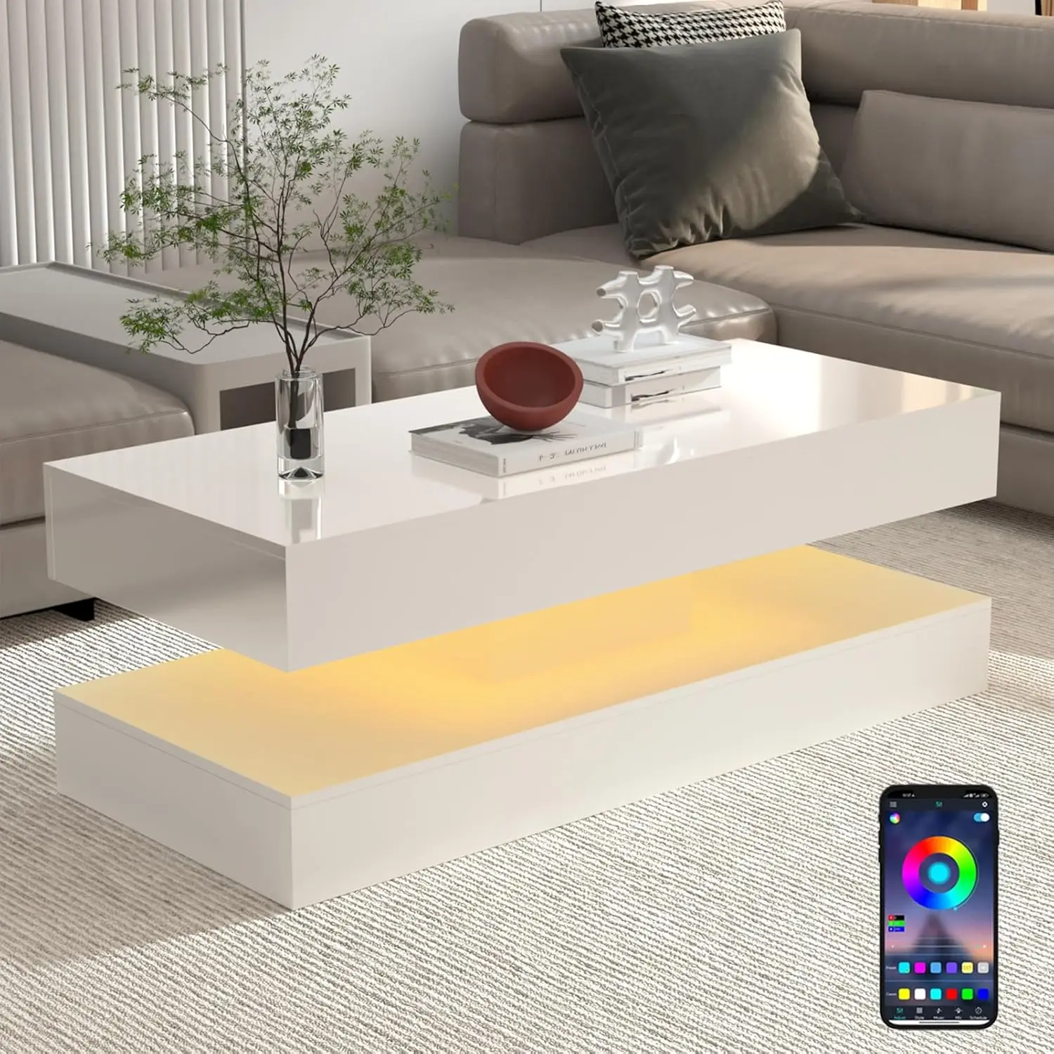 47.3IN High Glossy LED Coffee Table,APP LED Lights,Black/White, Modern Furniture for Living Room (White)