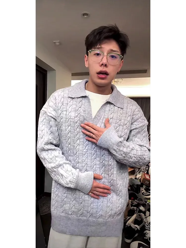 

Мужской зимний вязаный свитер с V-образным вырезом, свободного кроя, из полиэфирного волокна, средней длины, с длинными рукавами, повседневный, синий, с узором «Мист Твист»