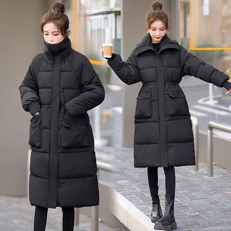 

Women's Winter Thickened Long Sheepskin Lamb Fur Collar Down Cotton Padded Coat European Style Plus Size Outerwear