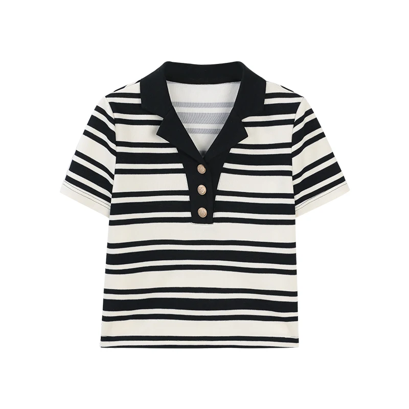 ALXNAN Dames Gestreept T-shirt Polo Kraag Korte mouw Gebreid T-shirt 2025, Zomer Elegant Casual Loose-fit Tops Dames L55333