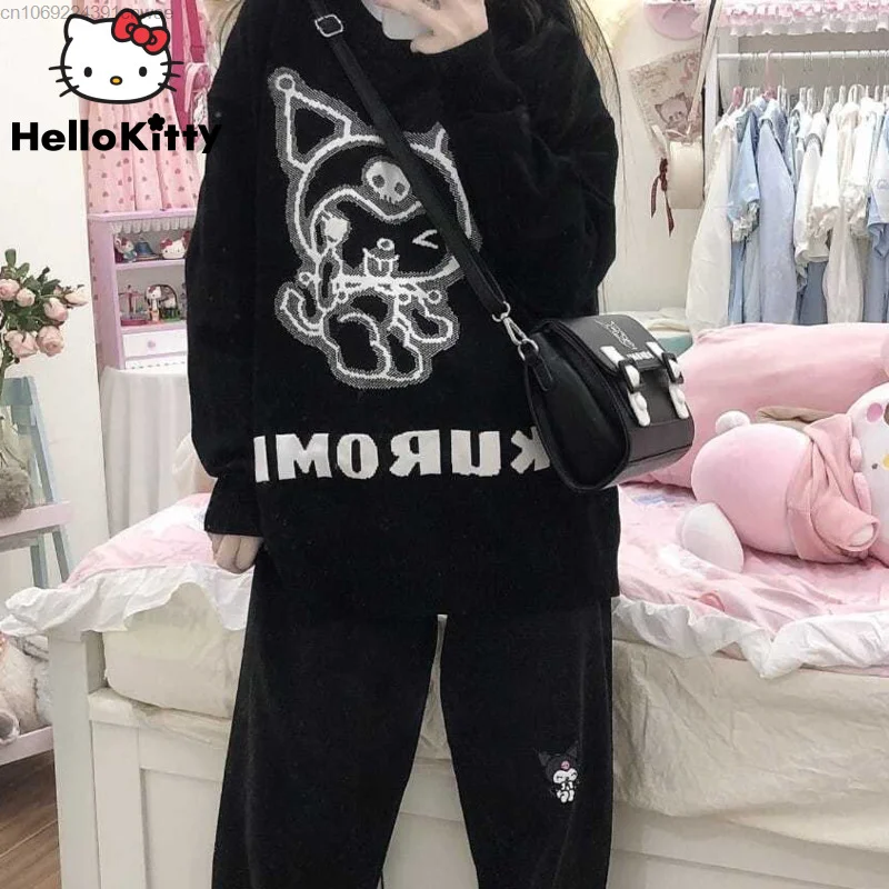 

Sanrio Kuromi Black Pullover Long Sleeve Sweater Loose Japanese Streetwear Cyber Y2k Knit Top Women Fall Winter Yk2 Emo Clothes