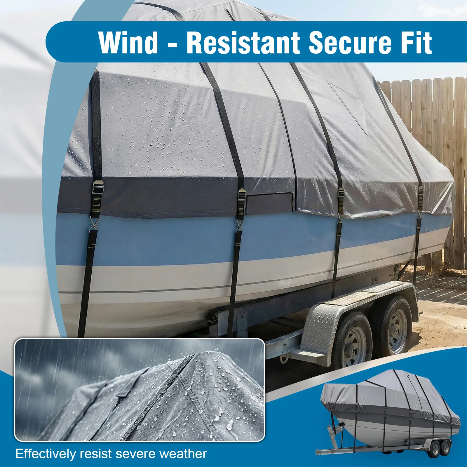 

1200D Hard Top Yacht Boats Storage Covers with 18 Tie Down Strap Boat Center Console Protect Covers UV-Proof For Protecting Roof