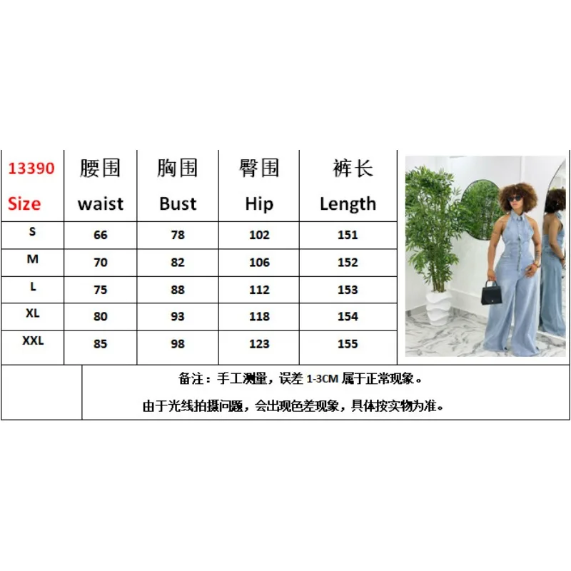 Women Denim Jumpsuit, Lapel Halter Neck, Single Breasted, Backless, Cotton Wide Leg Long Pants, Fashion Casual One Piece Outfit