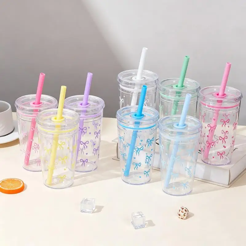 Portable Flip Top Straw Leakproof Plastic Drinking Cup Cute Pink Bow Butterfly Floral Print Water Bottle for Daily Girls Use