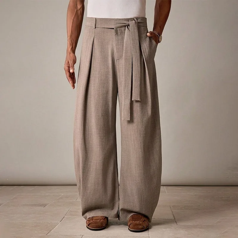 KIDWHXR Herrenhose, locker geschnitten, mittelhoher Bund, atmungsaktiv, Vintage-Plisseehose, gerade geschnitten, mit Kordelzug, Business Casual Herrenhose – Detail 14