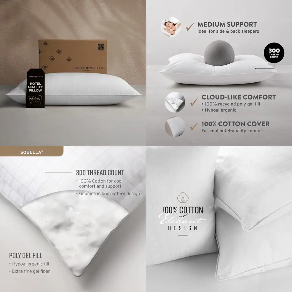 

Queen Size Side Sleeper Pillow for Adults - 300 Thread Count, 100% Cotton, Soft and Machine Washable Bed Pillow