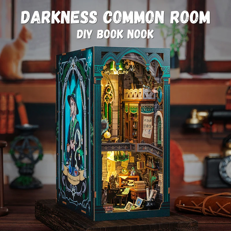 CUTEBEE fai da te Book Nook casa delle bambole in legno con copertura antipolvere leggera inserto per libreria magica 3D Puzzle Decor Gift Darkness Common Room