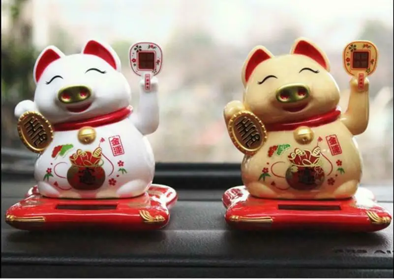 kids toys Solar Powered Welcoming Lucky Beckoning Fortune Pig Car Home Decoration White