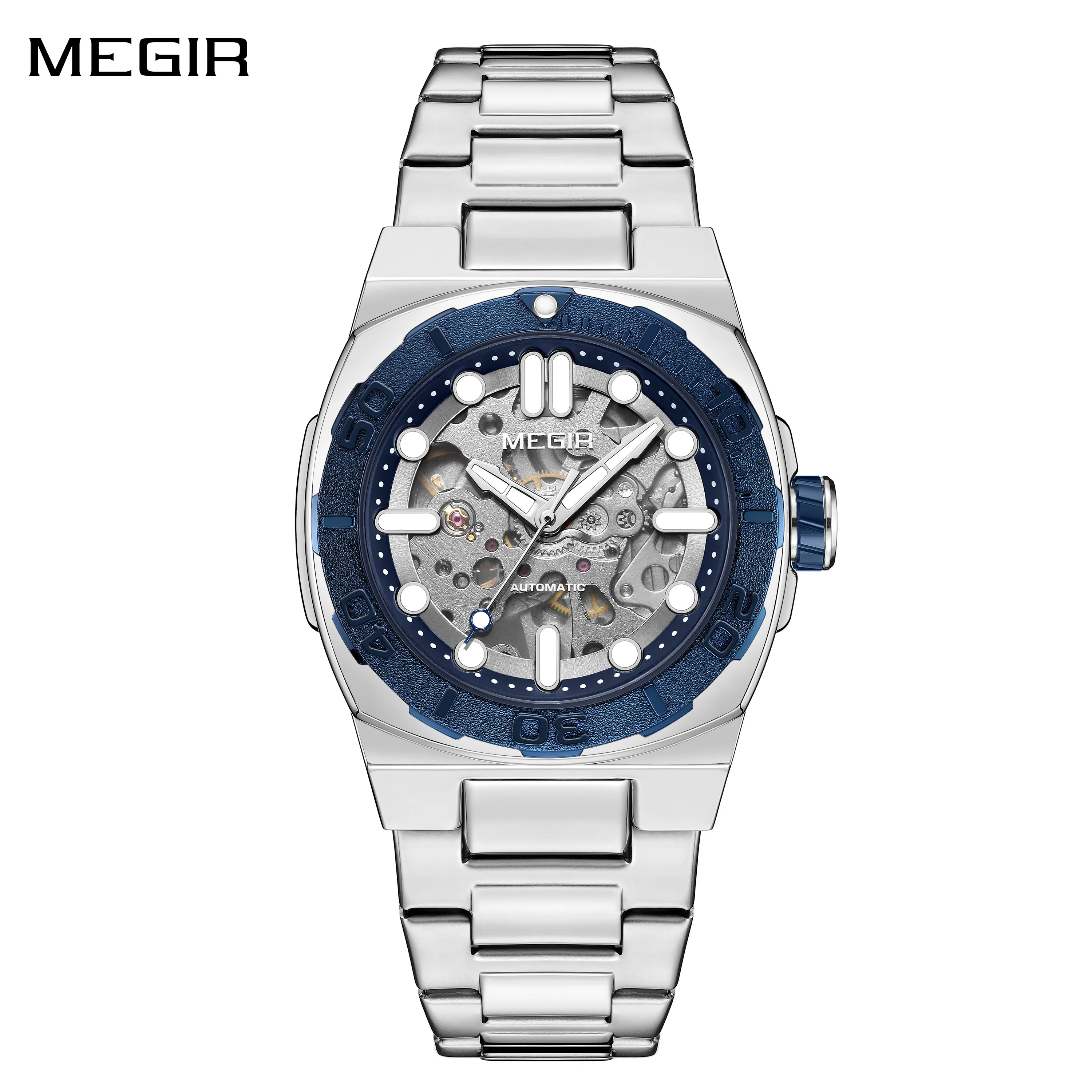 

MEGIR Automatic Mechanical Men's Watch Stainless Steel Bracelet Sport Watches Waterproof Luminous Wristwatch Gift for Man 8606