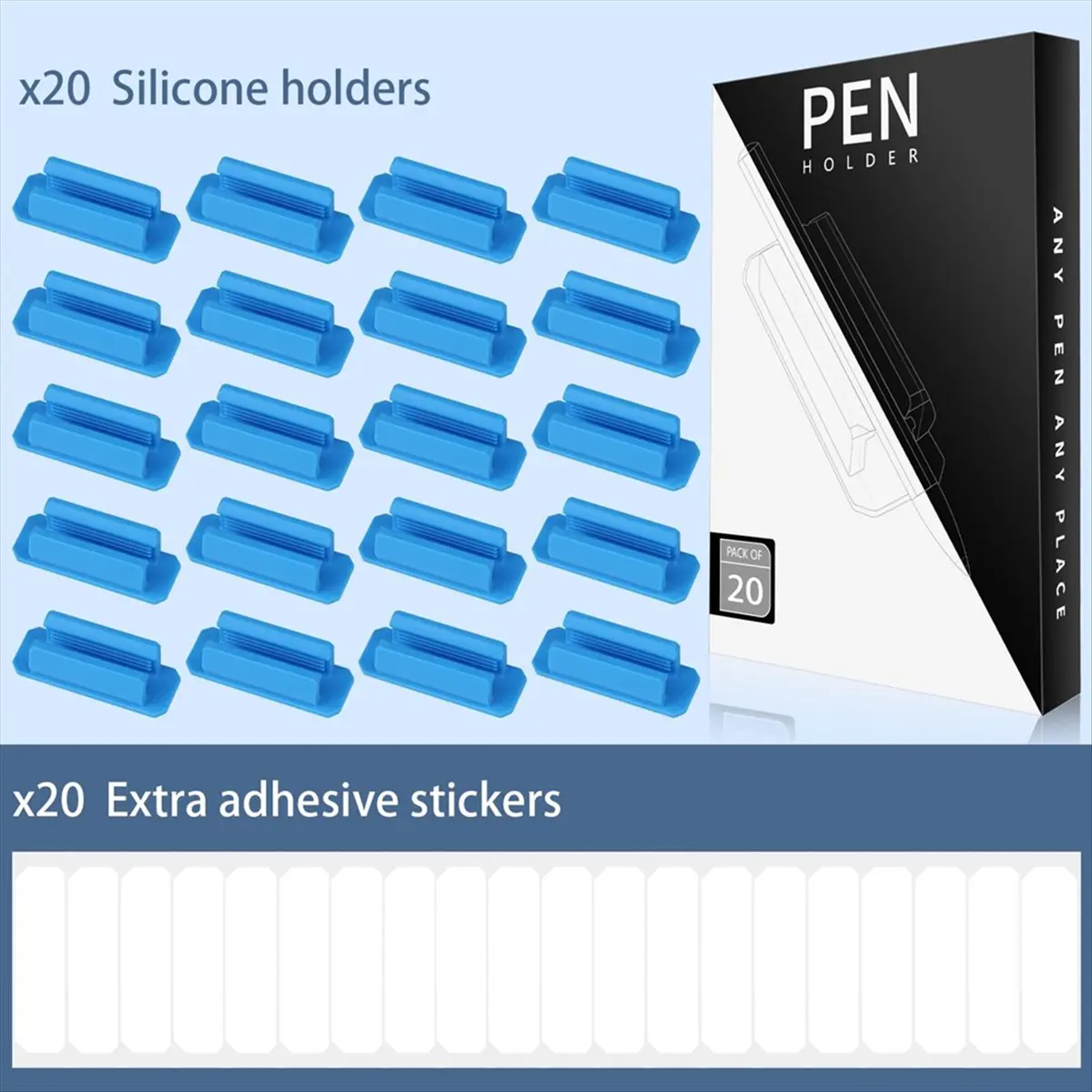 Pencil Holder for Desk Set of 20,Adhesive Pen Holder with 20 Extra Stickers,for Walls,Clipboards,Classroom,Office