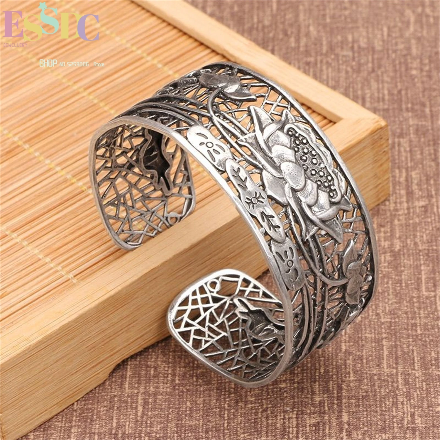 

Полый широкий браслет-манжета в форме лотоса, античная латунь, посеребренный, винтажный, в стиле бохо, регулируемый подарок для мамы, модные украшения