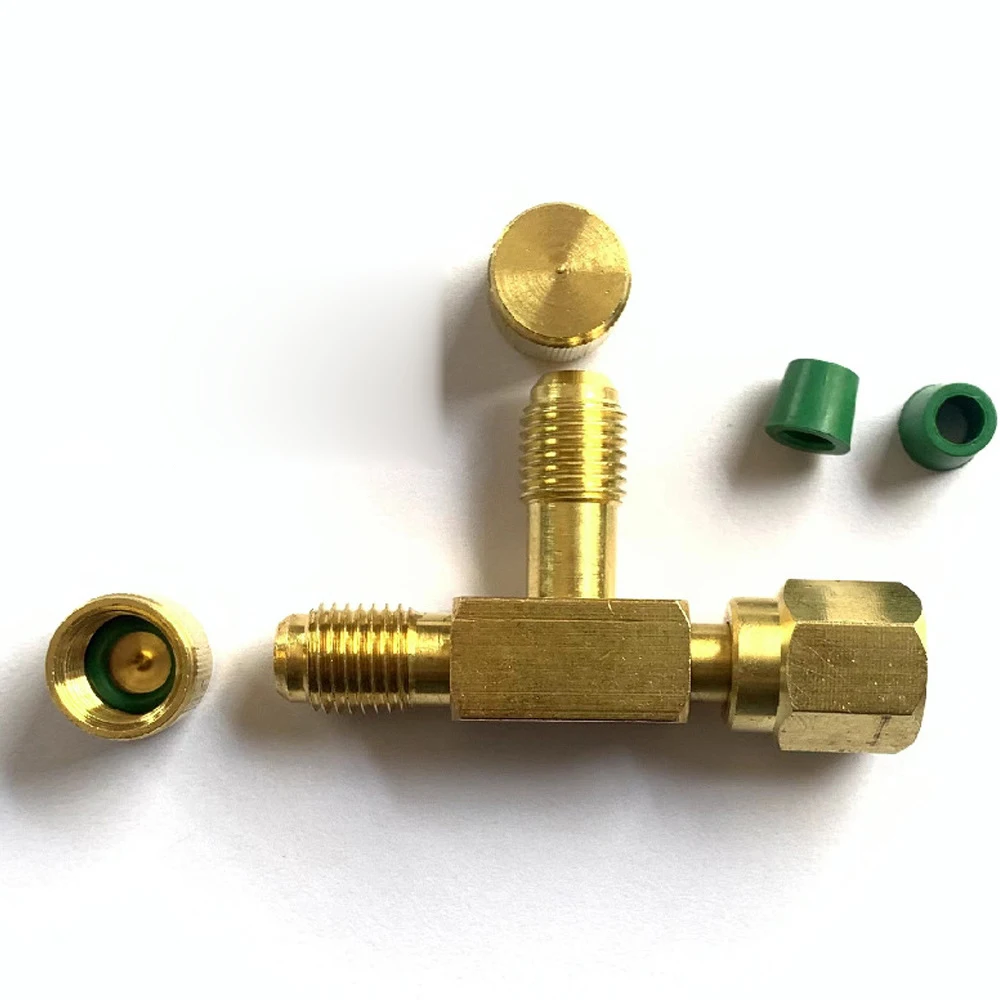 1/4 SAE Brass Tee Adapter with Flared FFL Internal Thread Rotary Connector and Slide Valve for HVAC Gauge and Hose Integration