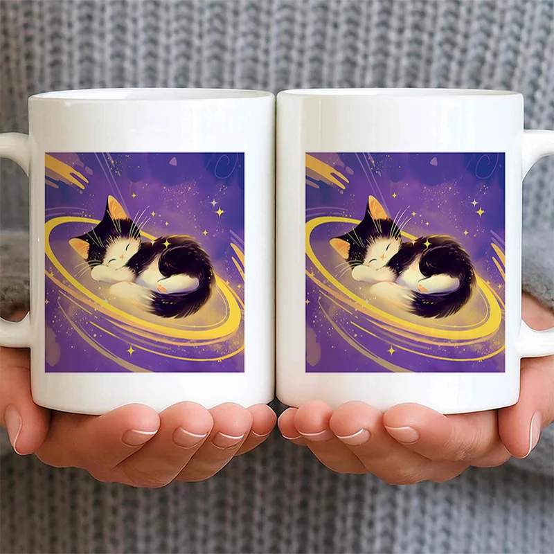 Cute Sleeping Cat Starry Sky Colorful Print Ceramic Coffee Mug 11oz 350ml Personalized Custom Microwave Safe Cute Aesthetic Birt