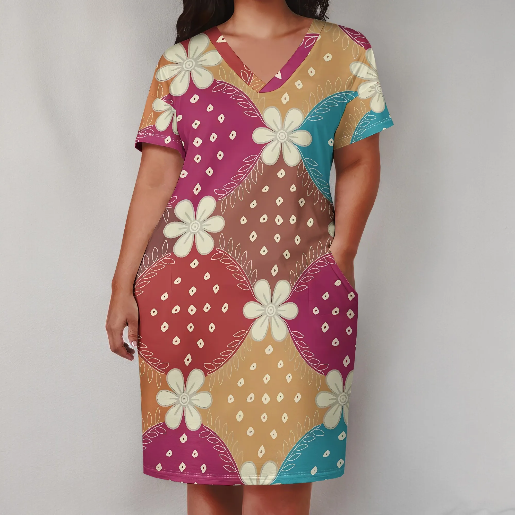 Vestido Midi de talla grande con cuello en V y manga corta para mujer, vestido informal holgado con bolsillos y estampado Floral geométrico de retazos para verano