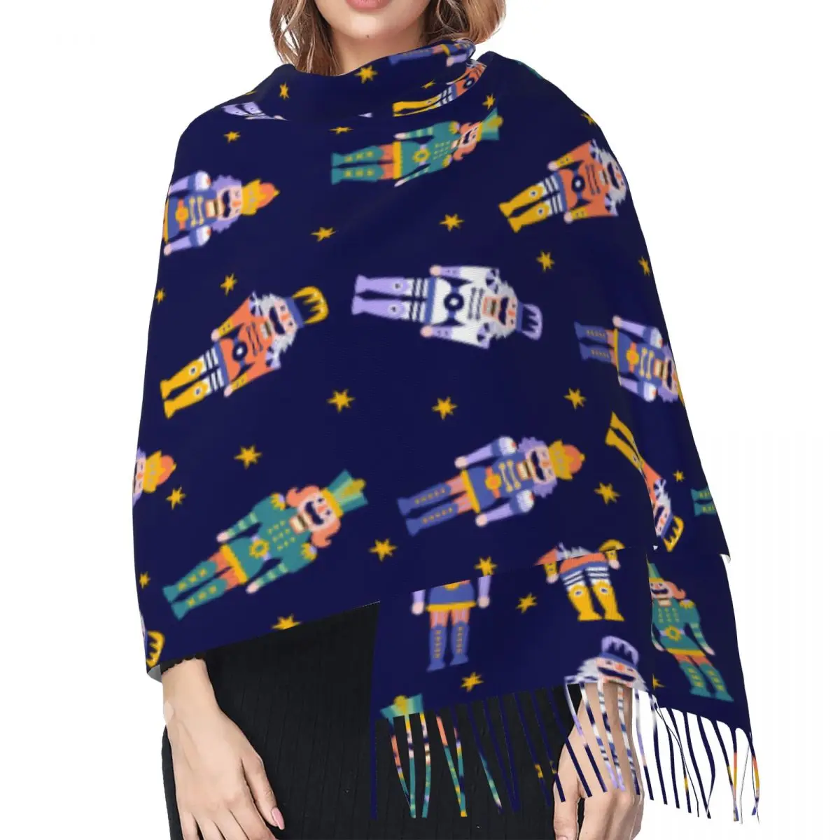 Christmas Nutcrackers Soldier Pattern Scarf Wrap for Women Long Winter Warm Tassel Shawl Unisex Fashion Versatile Female Scarves