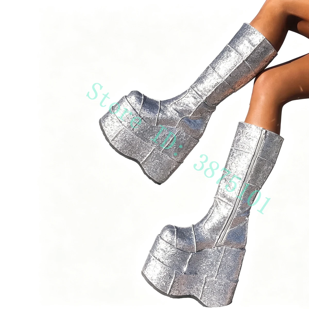 Ultra High Platform Mid Calf Boots Silver Women's Statement Fashion Boots Streetwear Y2K Party Footwear