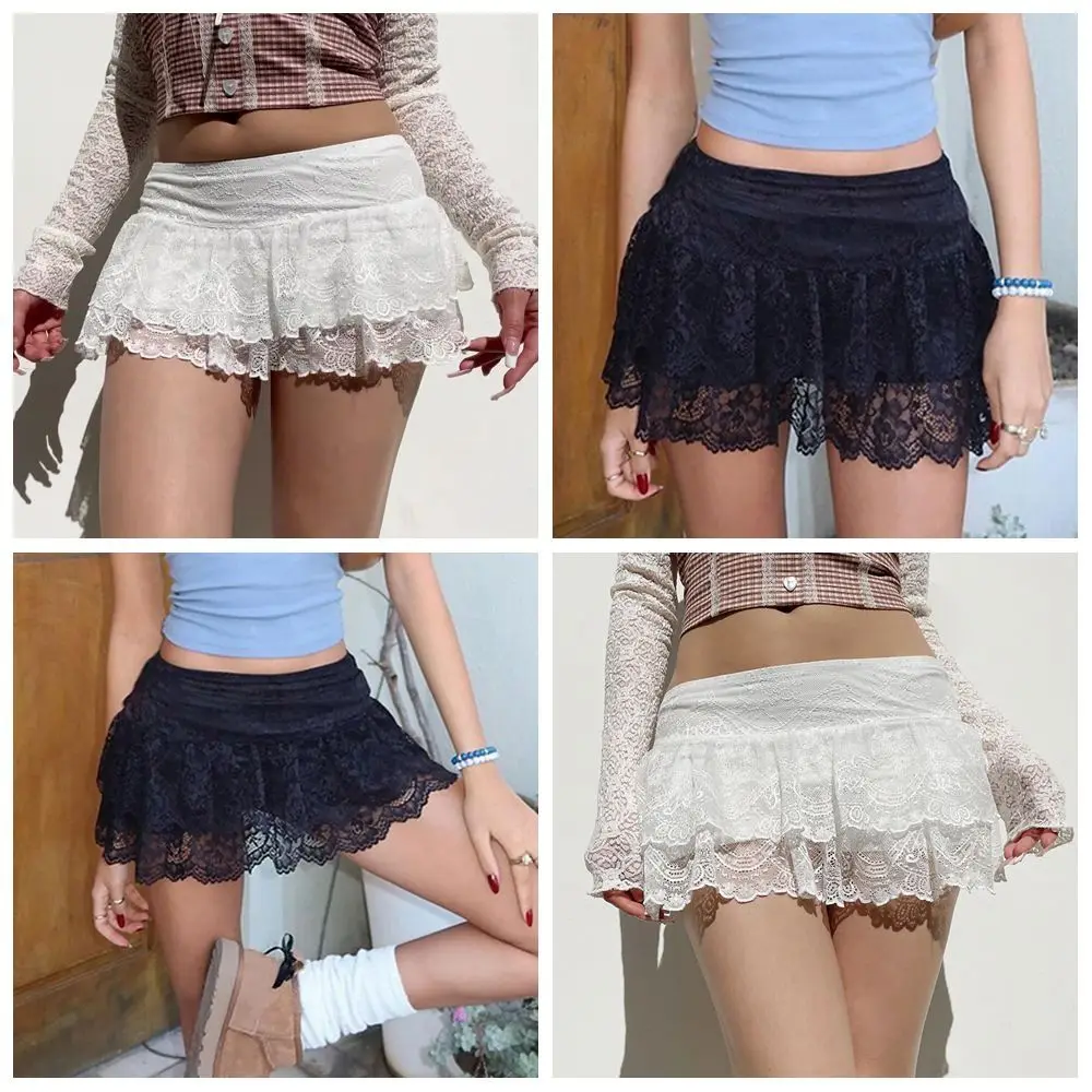 Minigonna in pizzo con fiori ricamati Y2K Streetwear Gonne con volant Harajuku Gonne a pieghe trasparenti a doppio strato