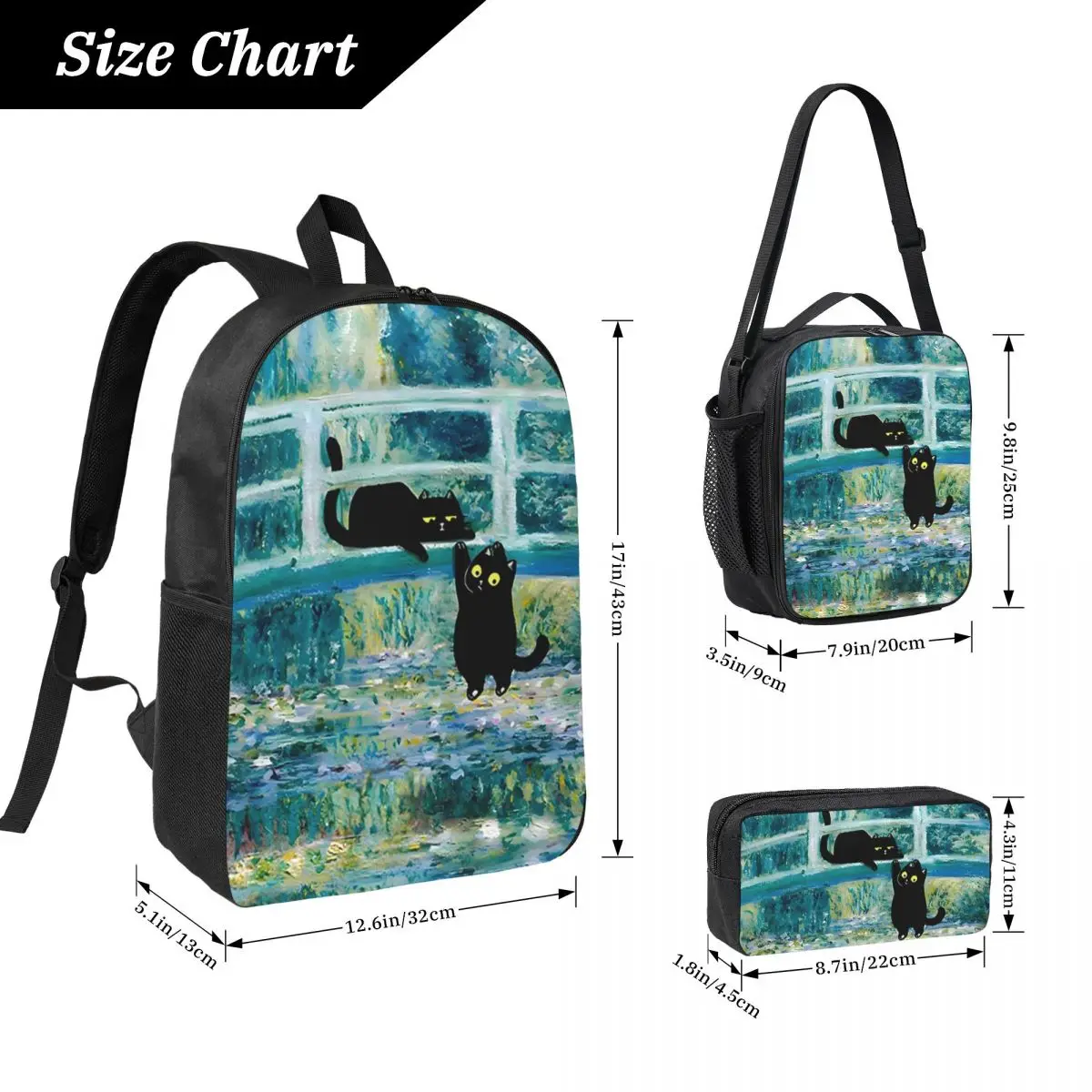 Kitten Water Lily Pond Bridge Backpack Boys Girls BookBag School Bag Computer Shoulder Bags 3ps Insulated Lunch Bag Pencil Case