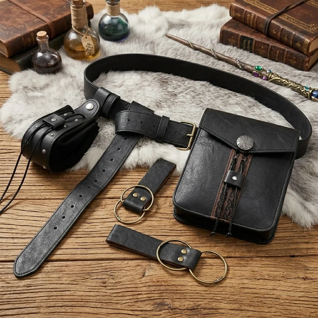 Black Medieval Retro Leather Set Leather Belt with Flap Waist Bag Drawstring Coin Purse Skirt Clips Renaissance Costume Accessories Cosplay Props