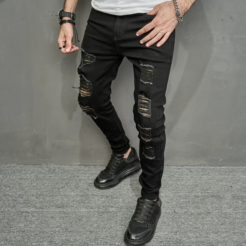 Mens Jeasn New American High Street Trendy Perforated Casual Slim-fit Holoe Denim Panst Full Length Streetwear Ripped Jeans