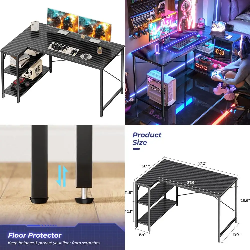 47 Carbon Fiber L-Shaped Desk with Reversible Shelves for Gaming and Home Office