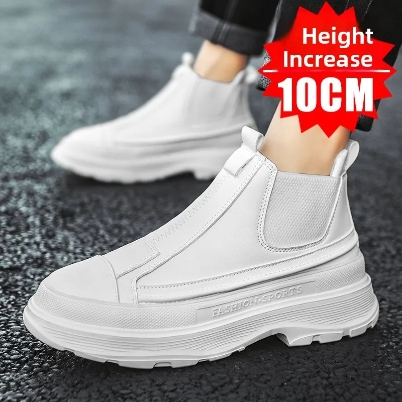 

2025 Новые мужские высокие ботинки, рабочие ботинки челси с невидимой внутренней частью 0 см, белые, невидимая высота выше икры...