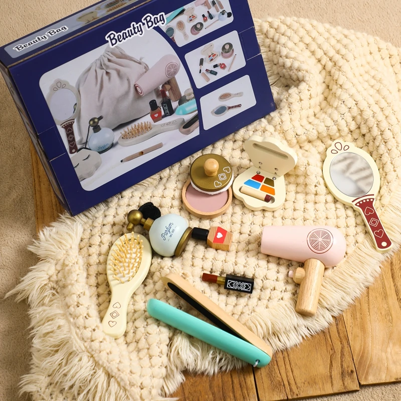 

12pcs/Set Children Wooden Make-up Toy Simulation Makeup Baby Pretend Toy Girls Play House Beauty Fashion Toy Cosmetics Set Gifts