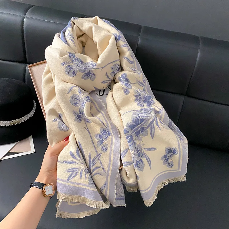 65*190CM Long brand winter flower imitation cashmere warm soft scarf luxurious tassel women's Bufandas scarf fashionable shawl