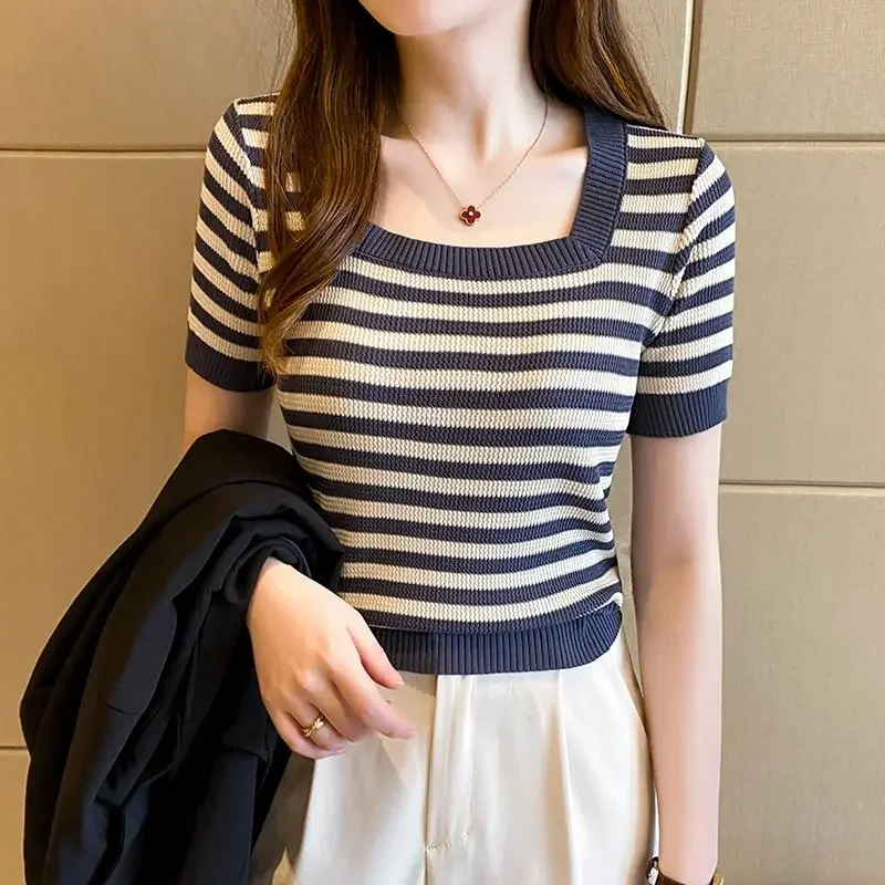 Square Collar T-shirts Women Korean Fashion Knit Tops Harajuku Y2k Clothes Summer Футболка Женский Slim Elastic Soft Striped Ins