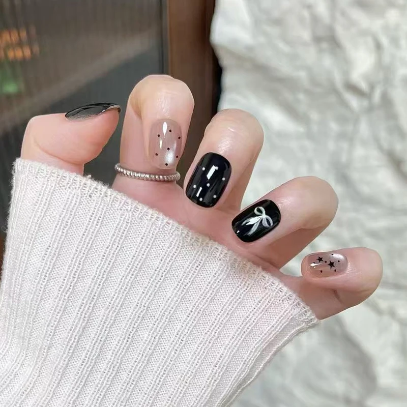 10 Stück Französische Kurze Ovale Aufklebenägel - Einfache Farbblock-Streifen & Stern-Designs Glänzende Mix-and-Match Künstliche Nägel – Detail 13