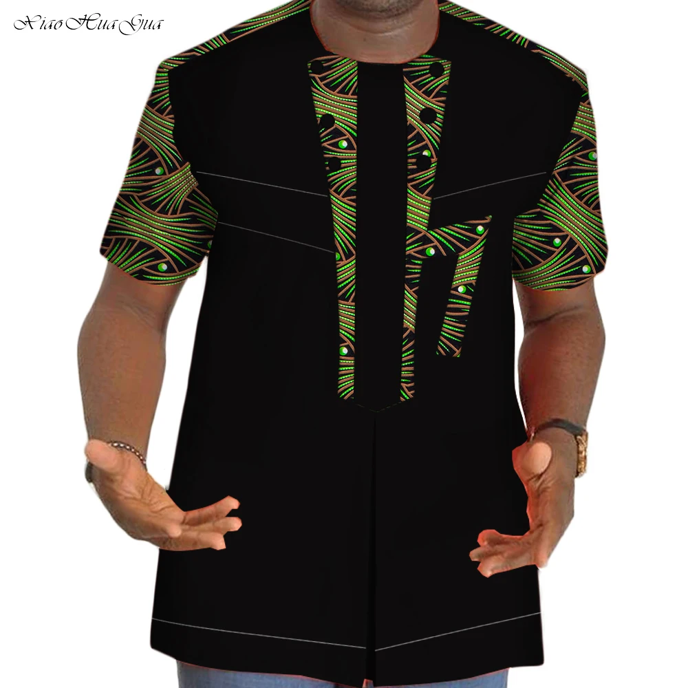 Summer Dashiki Shirt Cotton Men Shirt Tee African Clothing Patchwork Print Short Sleeve Shirt Bazin Riche African Clothing WYN89