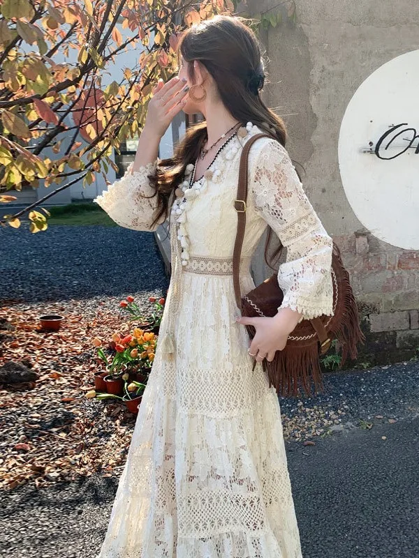 Retro chique renda emendada bege borla em camadas gancho flor oco vestidos para mulheres boêmio estilo férias bolo de fadas vestido longo