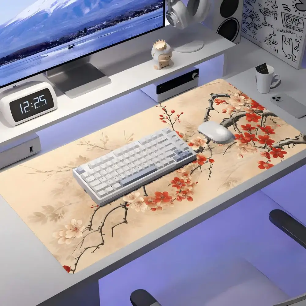 Tapete de mouse elegante com estampa de flor de ameixa – fundo de borracha antiderrapante, lavável, perfeito para trabalho, jogos e mesas de escritório