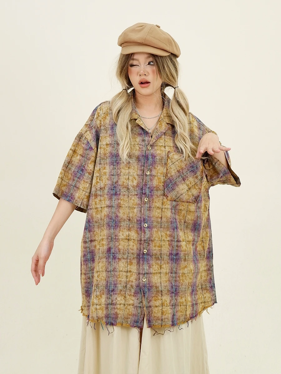 

Tie-dye Rough Edge Plaid Short-sleeved Shirts Women's 2024 Summer New Loose Bf American Retro Top Trendy