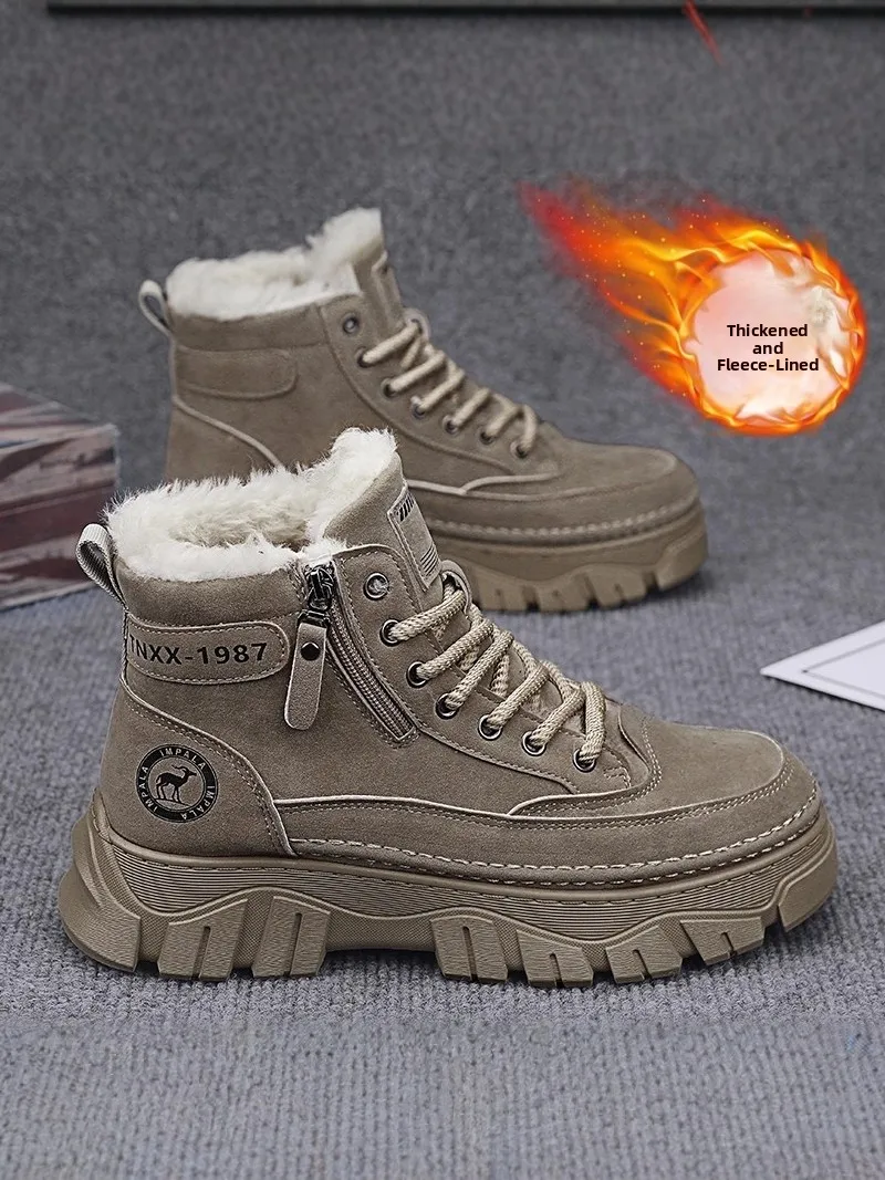 Men's High-Top Winter Boots Thick Bottom Anti-Slip Fleece Lined Thickened Warm Cotton Shoes Leather Fur Integrated Snow Boots...
