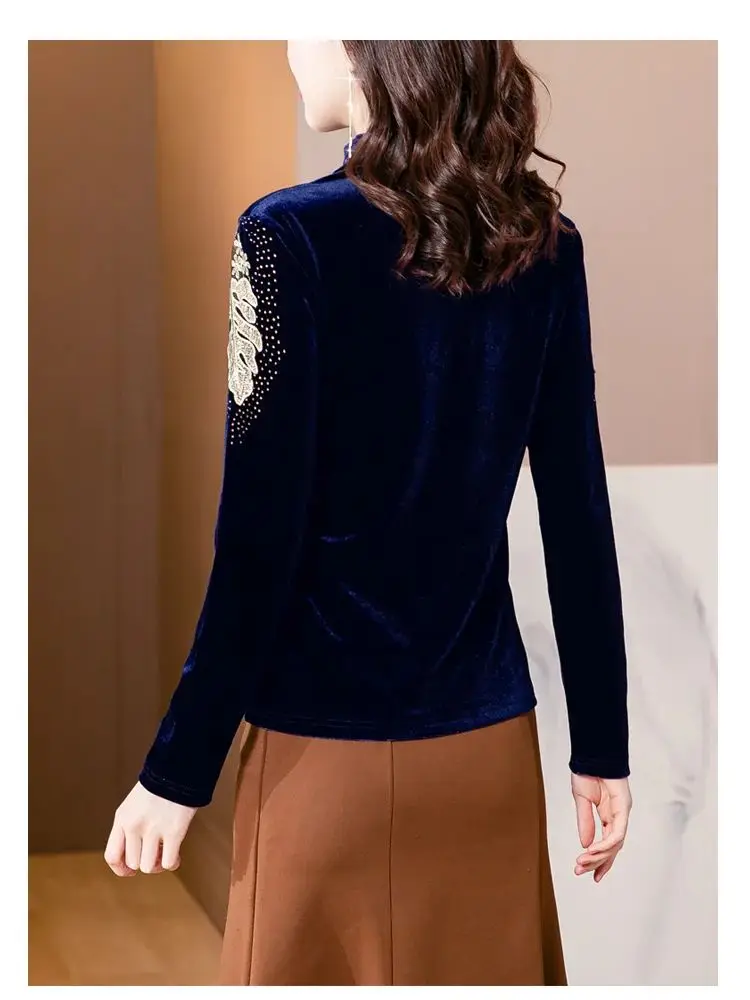 Spring Autumn Women Clothing Tops Fit Casual Elastic Stand Collar Hollow Out Velour Full Sleeve T-shirt