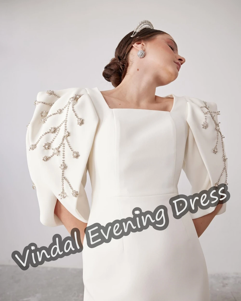 Vindal Evening Dress Ankle Length Square Neckline  Mermaid Elegant Built-in Bra Crepe Saudi Arabia Short Sleeves For Woman 2024