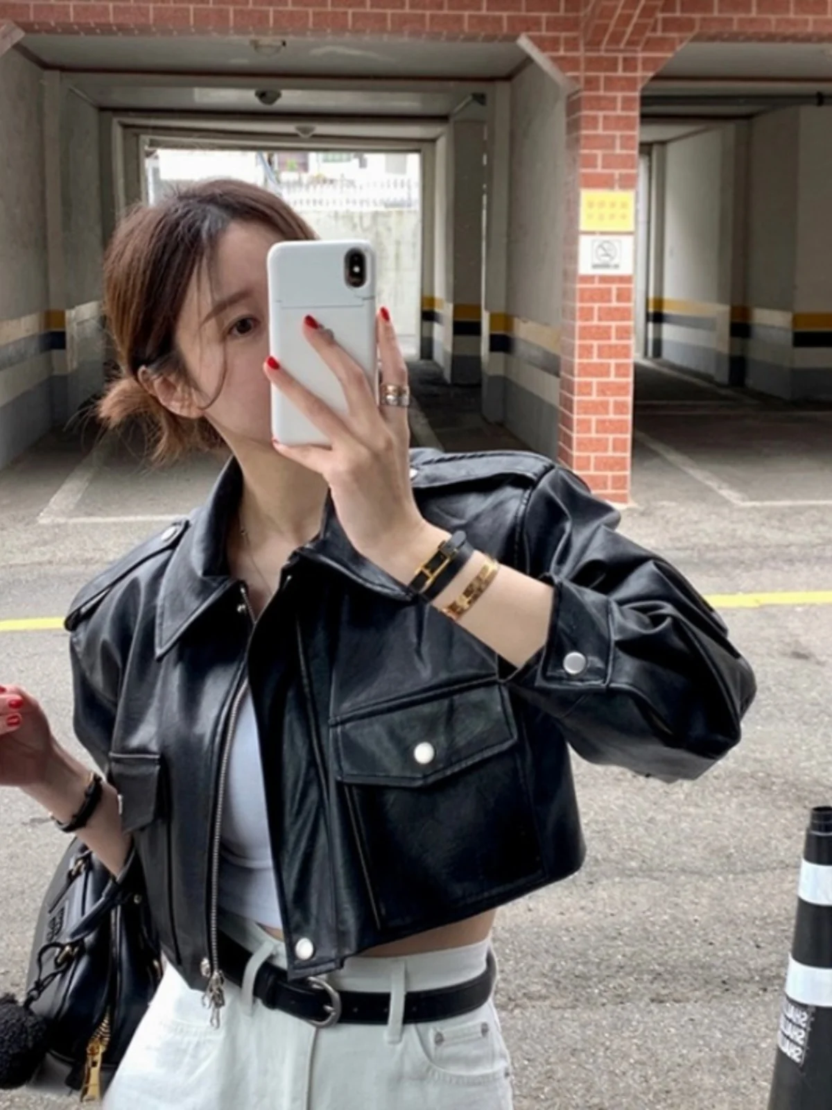 Black Leather Jacket Women's Spring Autumn Casual Zipper Retro Collar Short Motorcycle Clothes Top PU Material Loose Fit