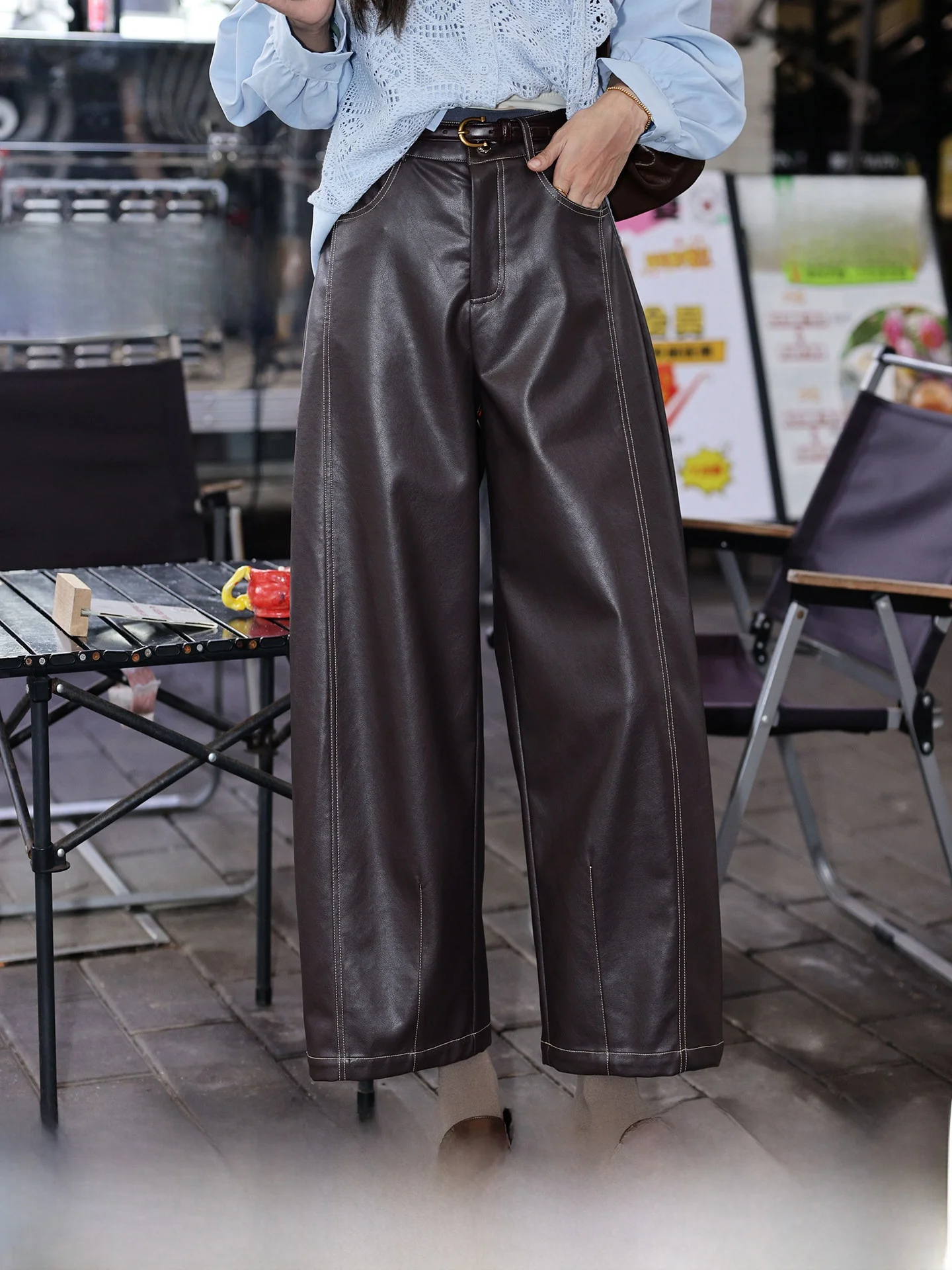 

Женские кожаные брюки Chen Jiajie South Wind Journey в стиле ретро, с высокой талией, повседневные, широкие, осенние, для похудения, повседневные брюки