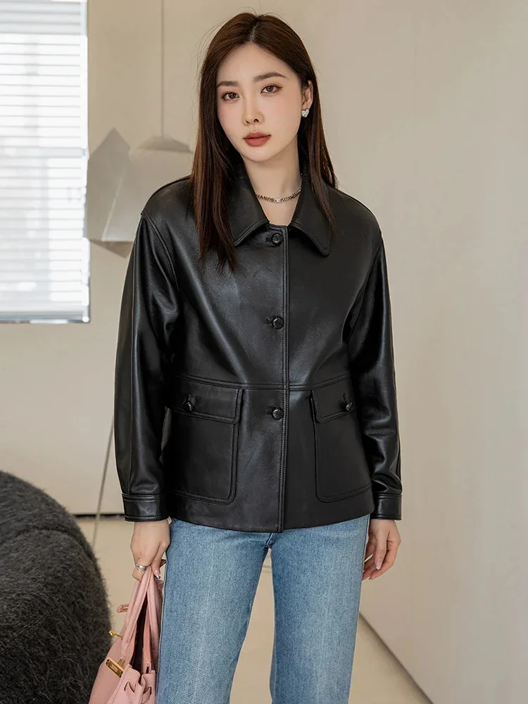 Real Black Sheepskin Coat for Women Spring Autumn 2024 Trend Simple Casual Loose High-end Genuine Leather Jackets