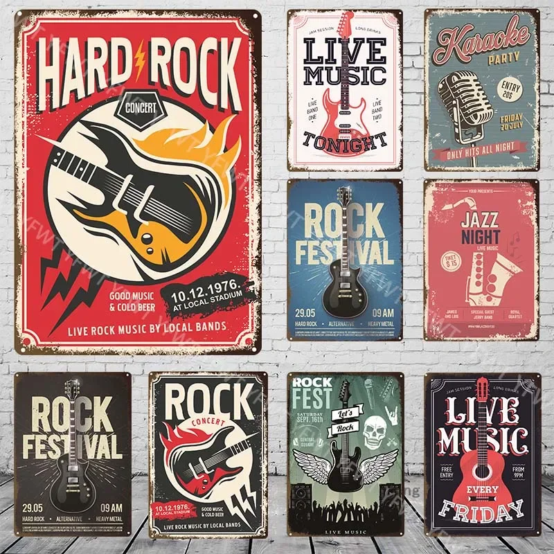 Vintage Rock Music Metal Poster Tin Signs Retro Guitar Rock Party Metal Plates Wall Art for Bar Pub Home Wall Art Decor