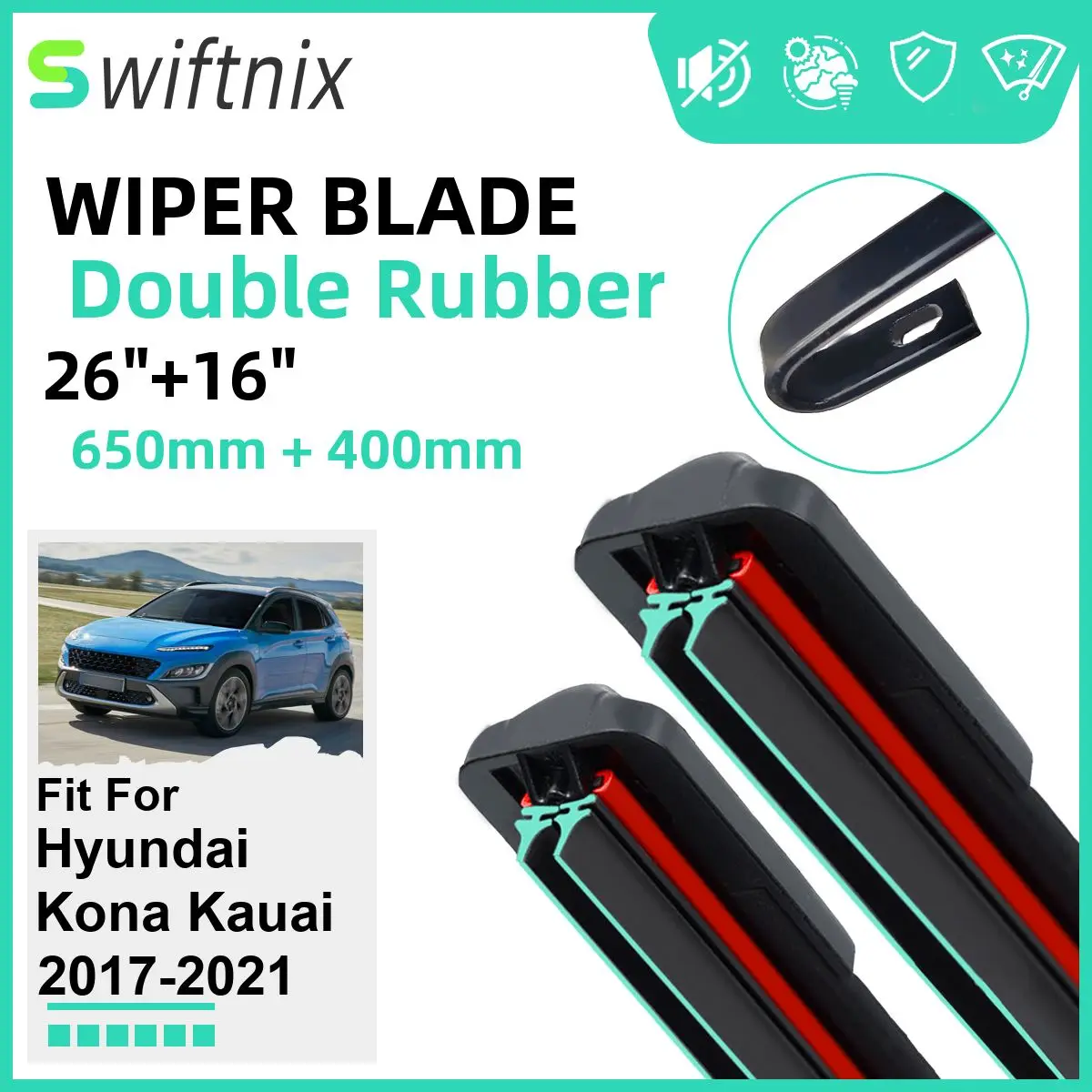 Double Rubber Car Wiper Blades for Hyundai Kona Kauai 2017-2021 Front Windscreen Windshield Rubber Car Accessories 2020 2021