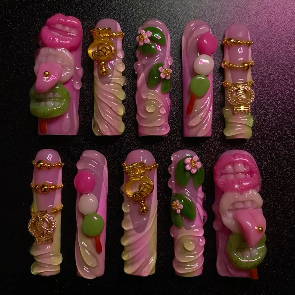 10 قطعة Y2K اليدوية الساخن فتاة اضغط على الأظافر شخصية نمط ساحة الشفاه الصدر الفرنسية هلام قذيفة سلسلة تصميم الأظافر ملصق