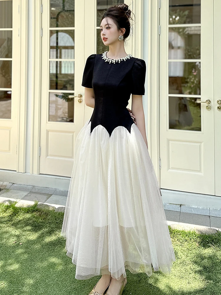 매력적인 우아한 흑백 이브닝 드레스 여성 진주 네크라인 시어 튤 가운 칵테일 파티 드레스 갈라스 사회 행사