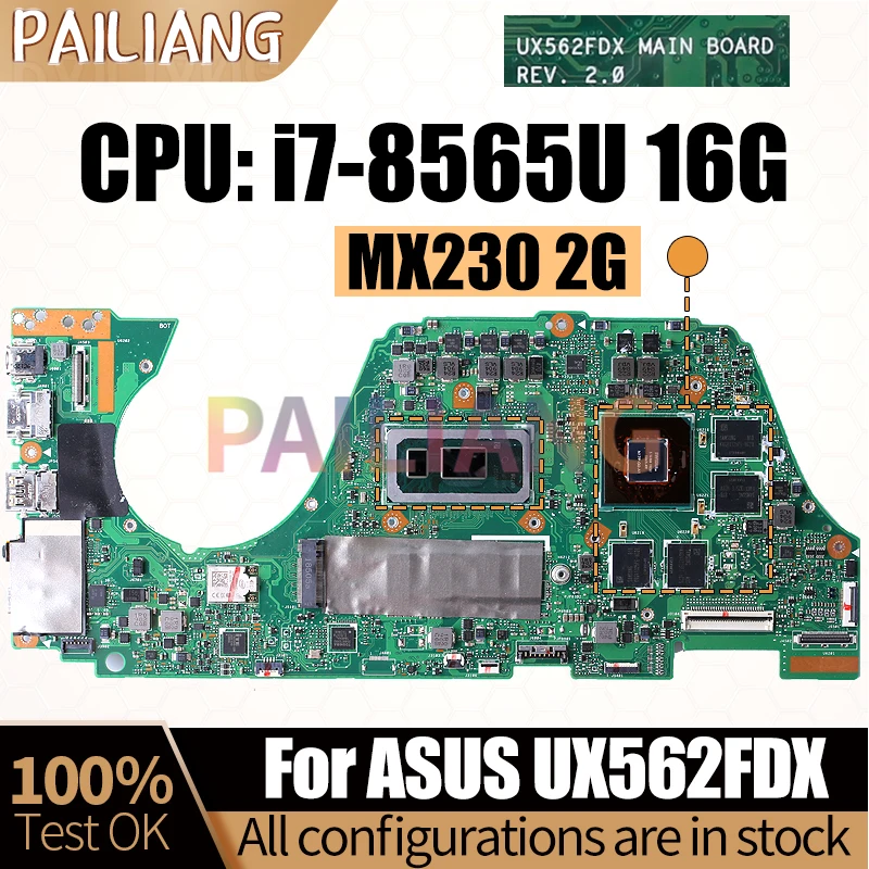 For ASUS UX562FDX Notebook Mainboard Laptop REV.2.0 SREJP i7-8565U N17S-G0-A1 MX230 2G RAM 16G Motherboard Full Tested