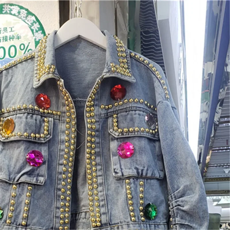 

Heavy Work Diamonds Rivet Big Pocket Denim Jacket Women Slim Short Vintage Cowboy Outwear Korean Long Sleeve Jeans Jacket Female